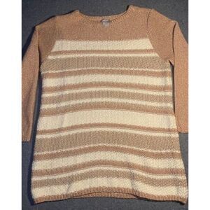 CHICO'S sz 2 Women's LARGE classic Striped Shine Pullover‎ Sweater brown/white